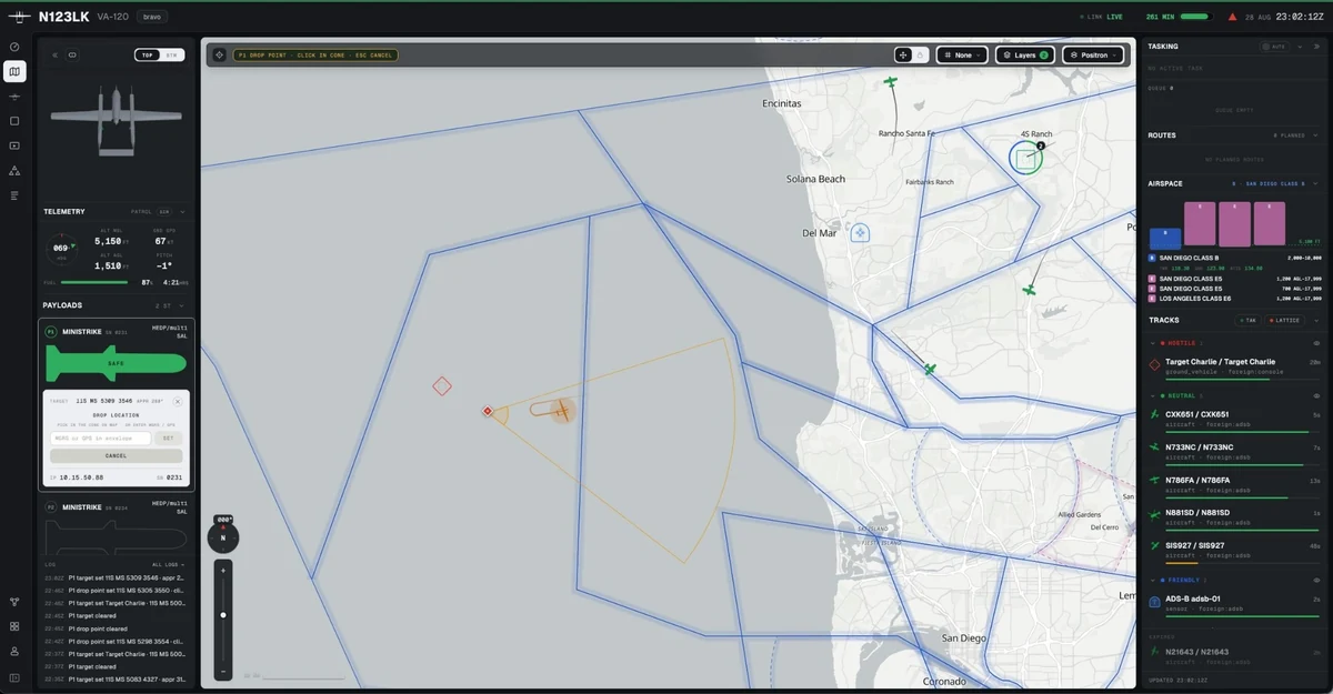 Nemesys LINK™ mission interface showing vehicle telemetry, payload status, aircraft tracks, and airspace on a shared map